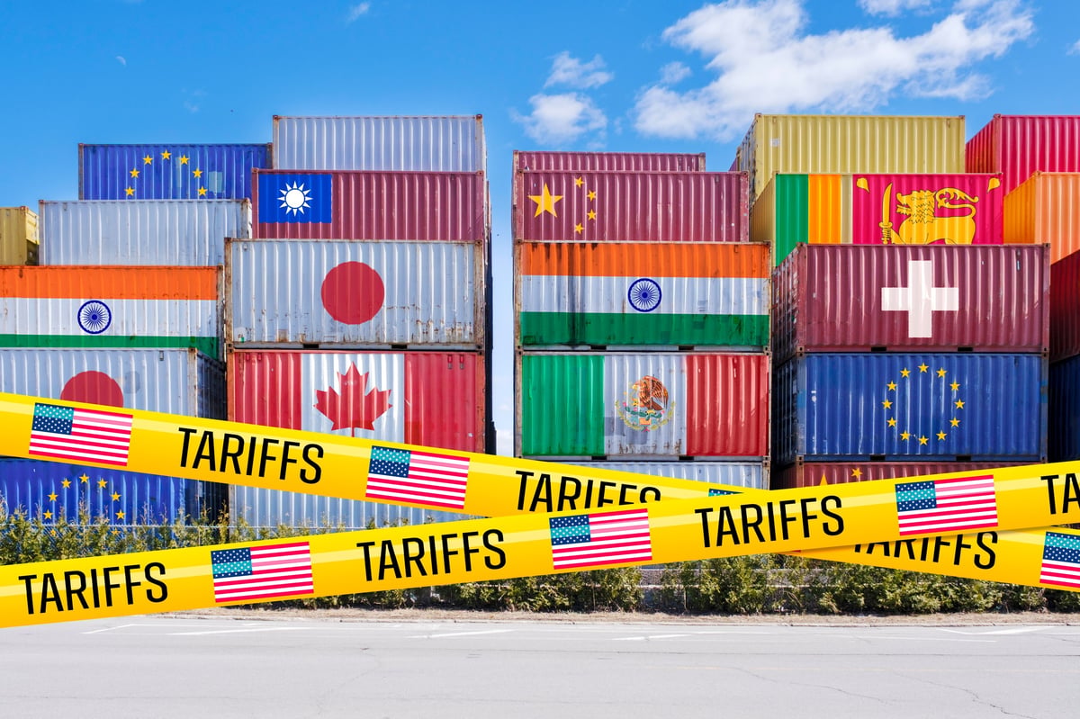 Shipping containers adorned with global flags