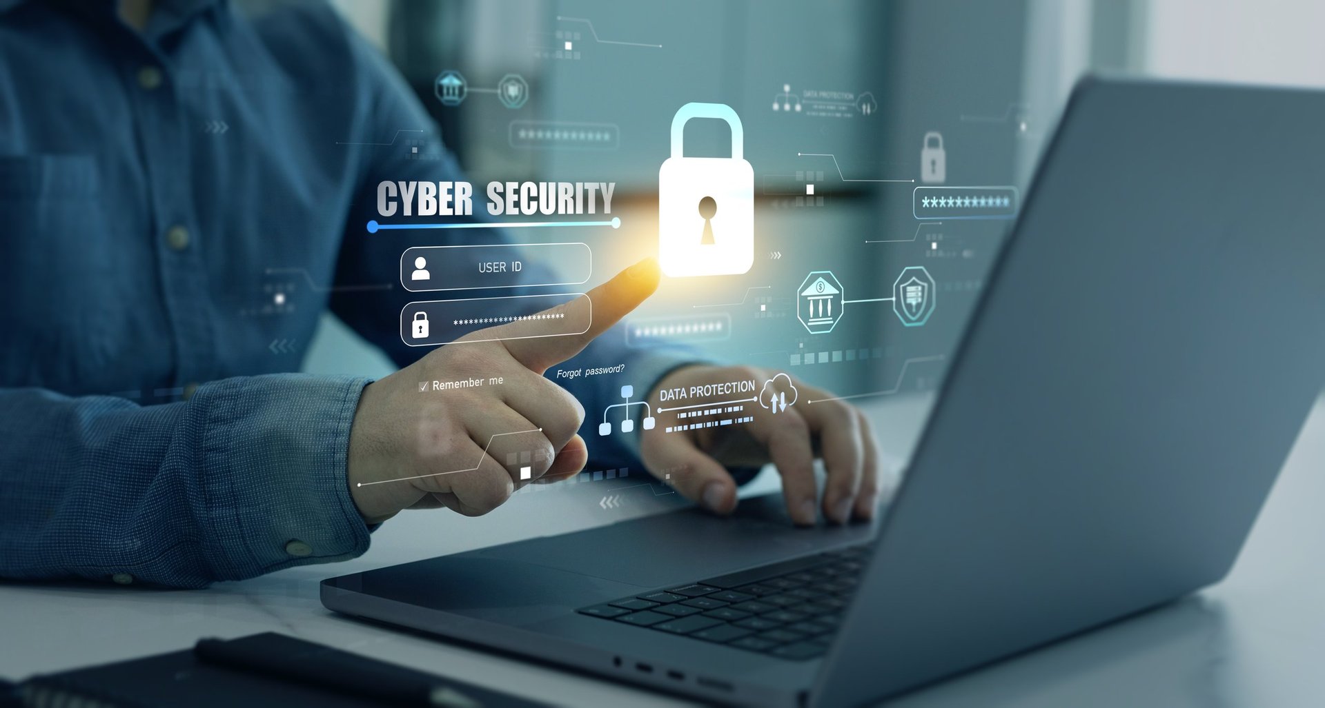 Protecting herself from cyber attacks and personal data.Protection data access.Cyber security protection concept.