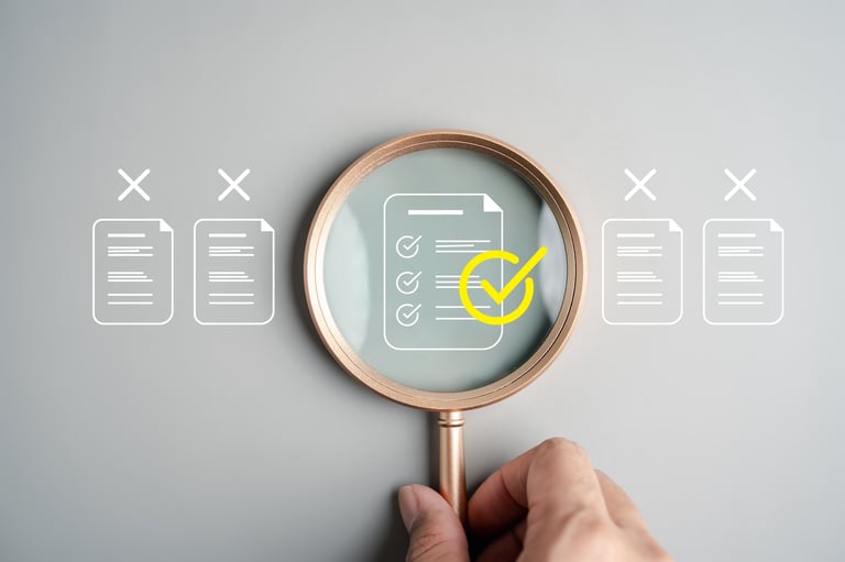 Audit system for document verification and compliance, showing checklist review, quality assurance, file inspection, internal control, and data validation in business processes.