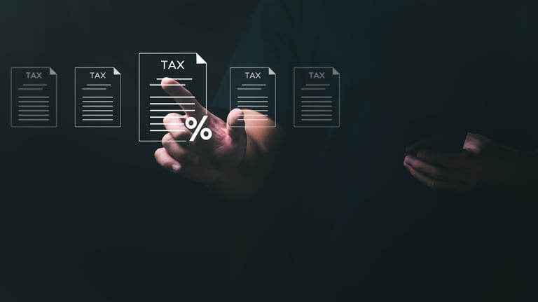 Corporate and personal tax concepts, online tax filing to the government and state, data analysis, documents and reports, financial research, deductions, and refunds.