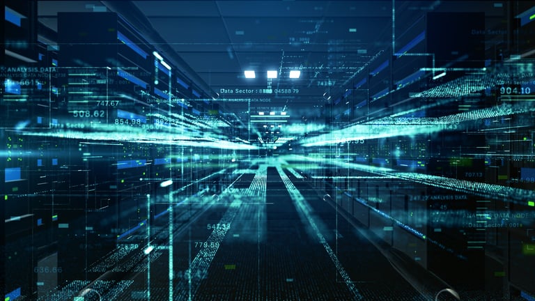Futuristic data center with digital transmission lines representing technology and telecom cost management
