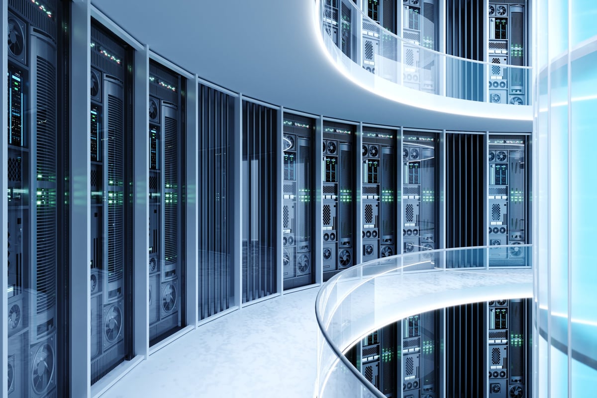 Modern data center with rows of server racks illustrating cloud and telecom infrastructure