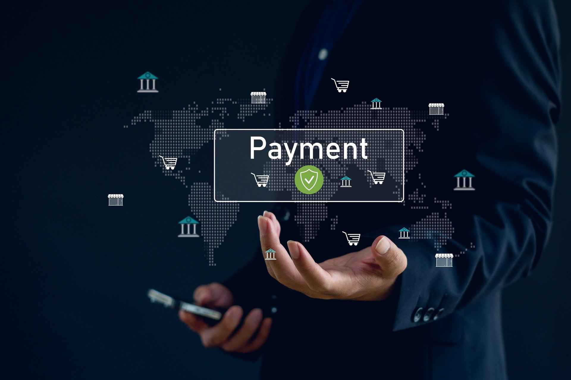 business person holding a digital payment icon with global financial symbols, representing secure online transactions, fintech solutions, e-commerce payments, and international digital banking