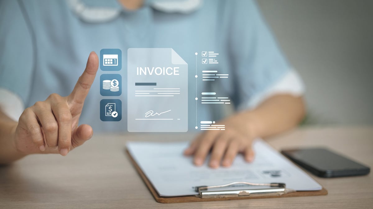Adult office worker taps digital invoice hologram with calendar, coins and paid receipt icons.