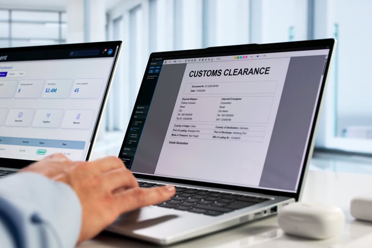 Professional Man Completing Import Export Clearance Form On Laptop Computer representing HTS classification review