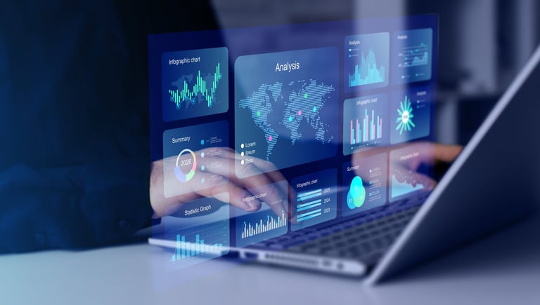 Business professional analyzing digital financial dashboard for workflow optimization
