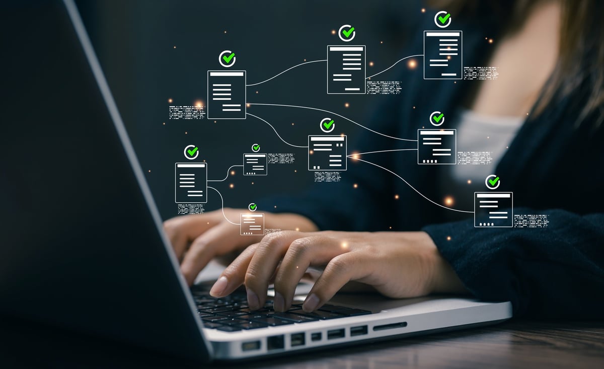 Digital workflow automation with verified document approval system, representing business process optimization and secure enterprise management