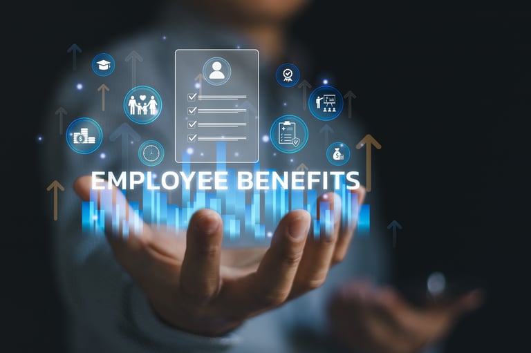 Businessman presenting employee benefits including healthcare, insurance and financial perks