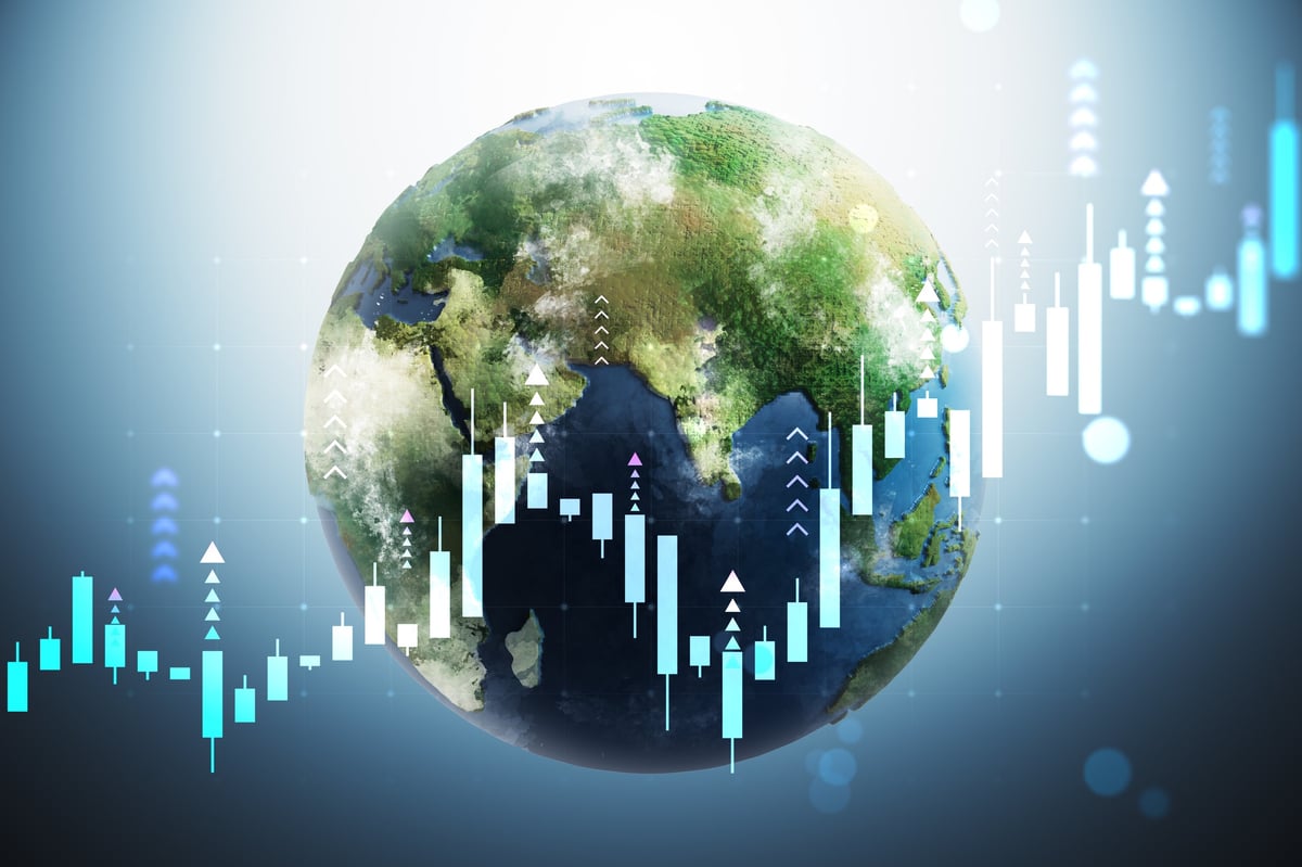Earth globe with financial charts in modern digital style showing global market concept