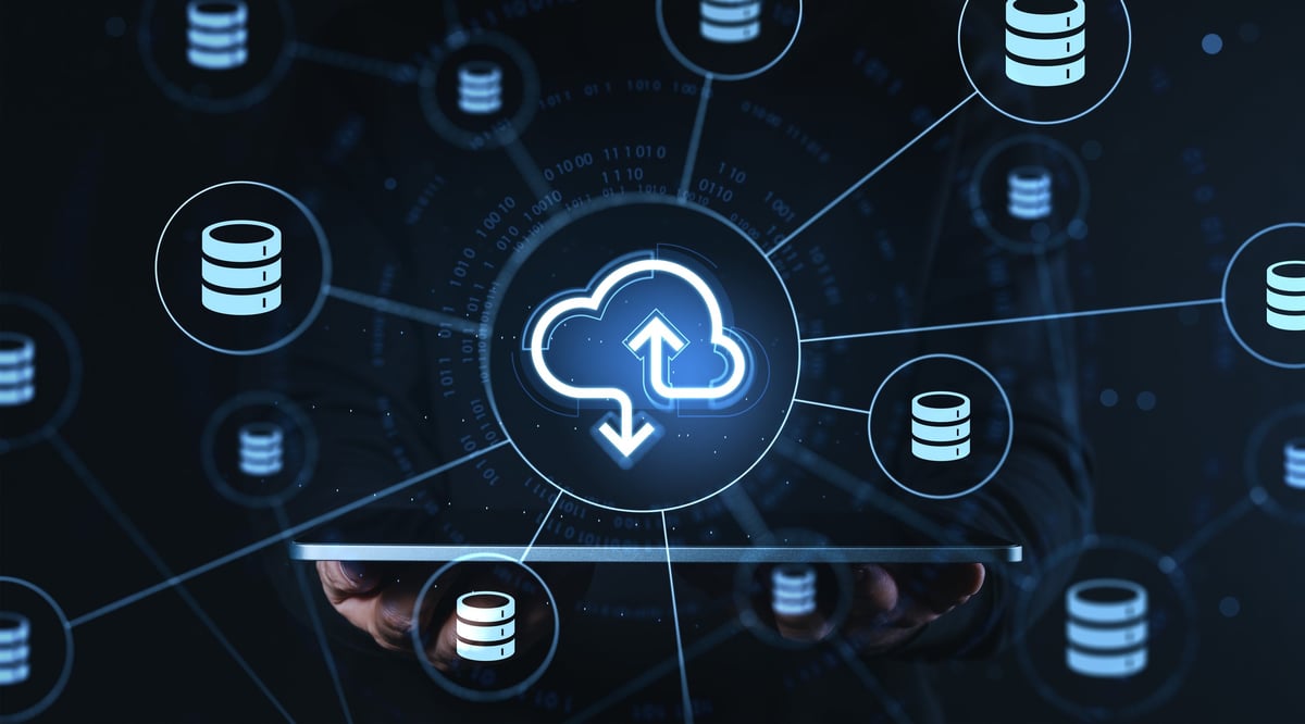 Cloud storage icon network on dark tech background