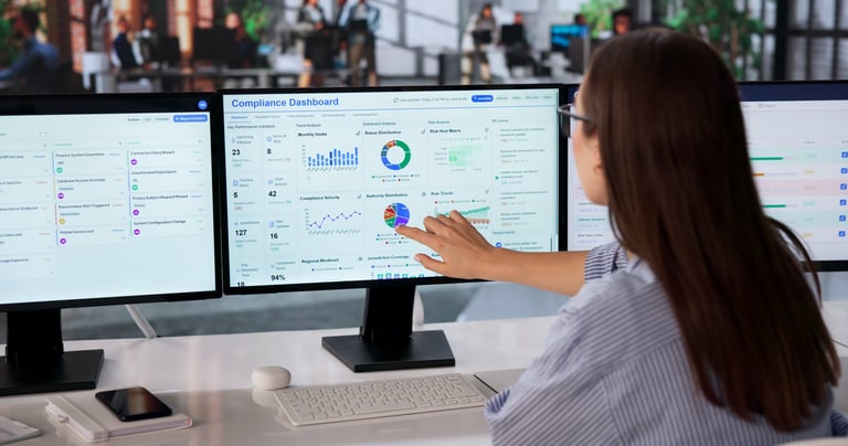 Woman Analyzes Real-time Risk Dashboard On Multiple Screens For Strategic Decisions