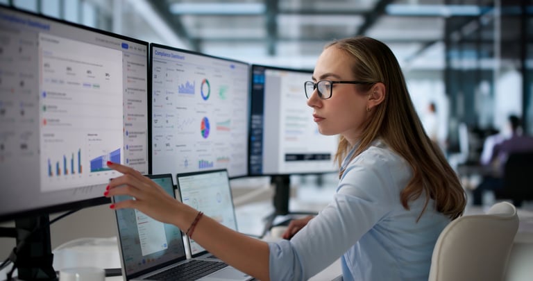Woman Reviews Risk Data On Laptop For Corporate Compliance Audit Process