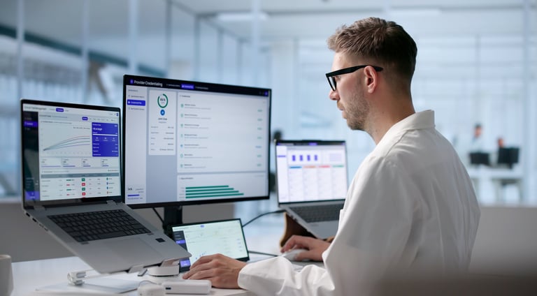 Young Male Physician Uses Laptop To Review Medical Licensing Data Dashboard representing provider credentialing and payer enrollment